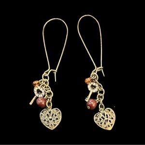 Antique Gold Tone Dangle Earrings Beaded Charms Heart Key Rhinestone